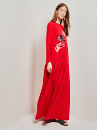 Placed Floral Drop Waist Twill Maxi Dress, Classic Red/Mahogany/Venetian Rose/Biscotti/Black | Misook