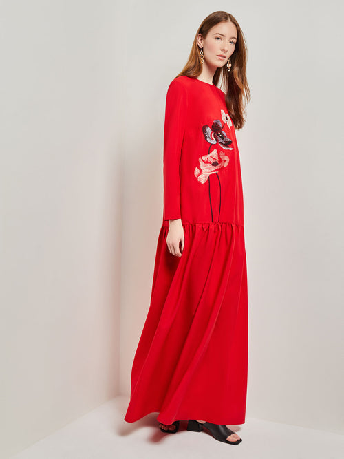 Placed Floral Drop Waist Twill Maxi Dress, Classic Red/Mahogany/Venetian Rose/Biscotti/Black | Misook