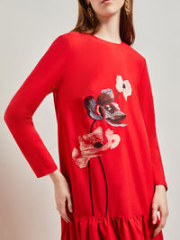 Placed Floral Drop Waist Twill Maxi Dress, Classic Red/Mahogany/Venetian Rose/Biscotti/Black | Misook Premium Details