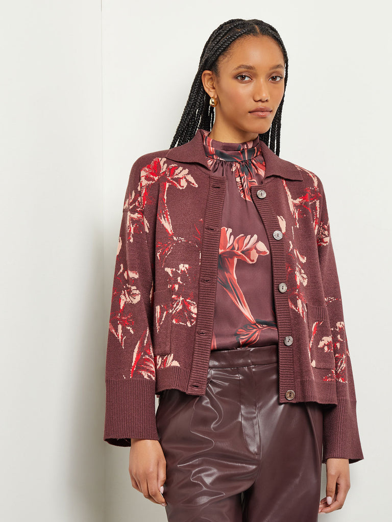 Floral Button Front Cropped Knit Jacket, Mahogany/Classic Red/Venetian Rose | Misook