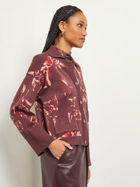 Floral Button Front Cropped Knit Jacket, Mahogany/Classic Red/Venetian Rose | Misook