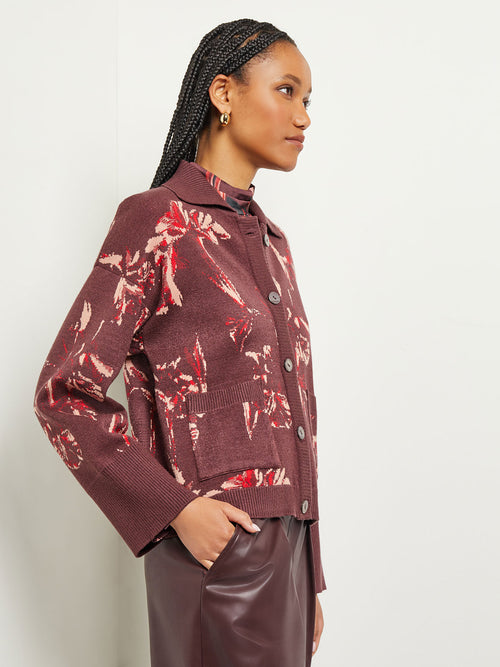 Floral Button Front Cropped Knit Jacket, Mahogany/Classic Red/Venetian Rose | Misook