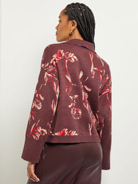 Floral Button Front Cropped Knit Jacket, Mahogany/Classic Red/Venetian Rose | Misook