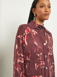 Floral Button Front Cropped Knit Jacket, Mahogany/Classic Red/Venetian Rose | Misook Premium Details