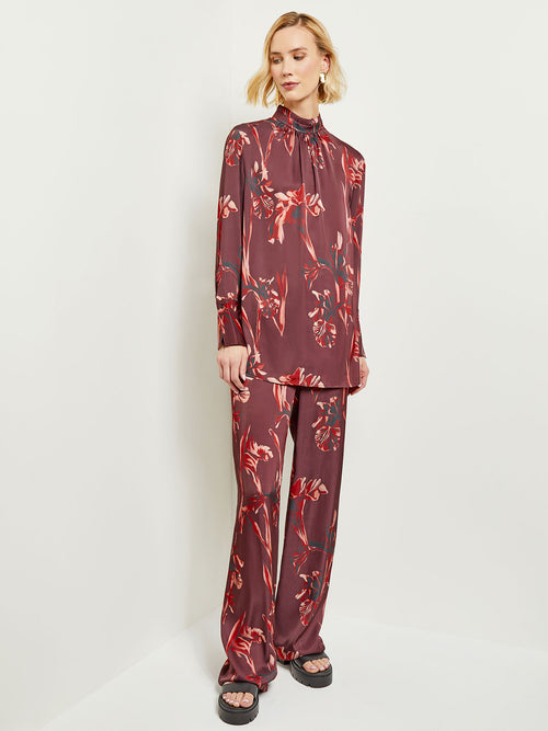 Floral Gathered Mock Neck Crepe de Chine Blouse, Mahogany/Classic Red/Venetian Rose/Biscotti/Black | Misook