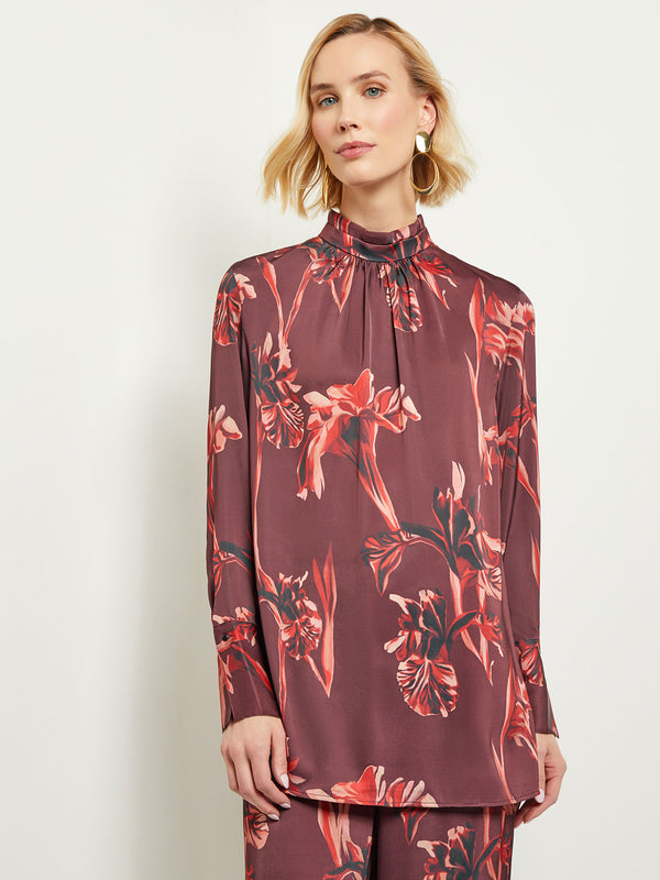Floral Gathered Mock Neck Crepe de Chine Blouse, Mahogany/Classic Red/Venetian Rose/Biscotti/Black | Misook