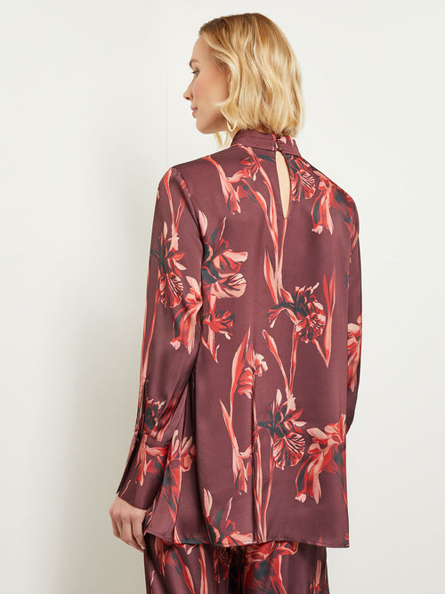 Floral Gathered Mock Neck Crepe de Chine Blouse, Mahogany/Classic Red/Venetian Rose/Biscotti/Black | Misook