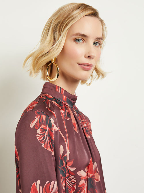 Floral Gathered Mock Neck Crepe de Chine Blouse, Mahogany/Classic Red/Venetian Rose/Biscotti/Black | Misook Premium Details