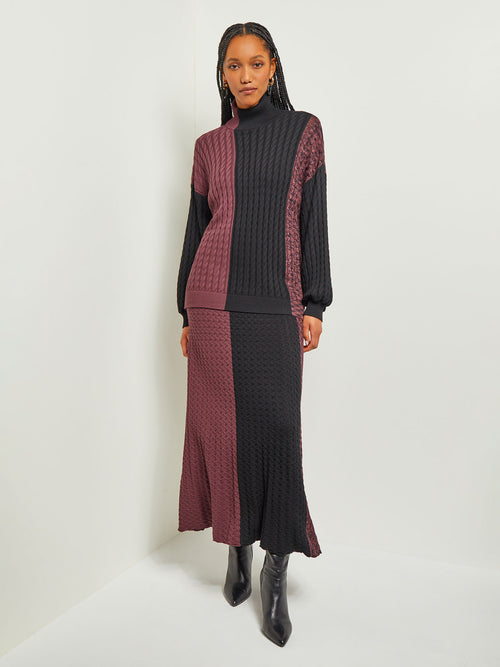 Colorblock Cable Knit Midi Skirt, Mahogany/Black | Misook