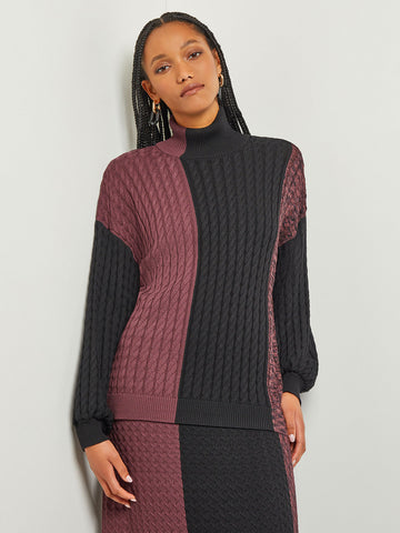 Colorblock Cable Knit Mock Neck Tunic
