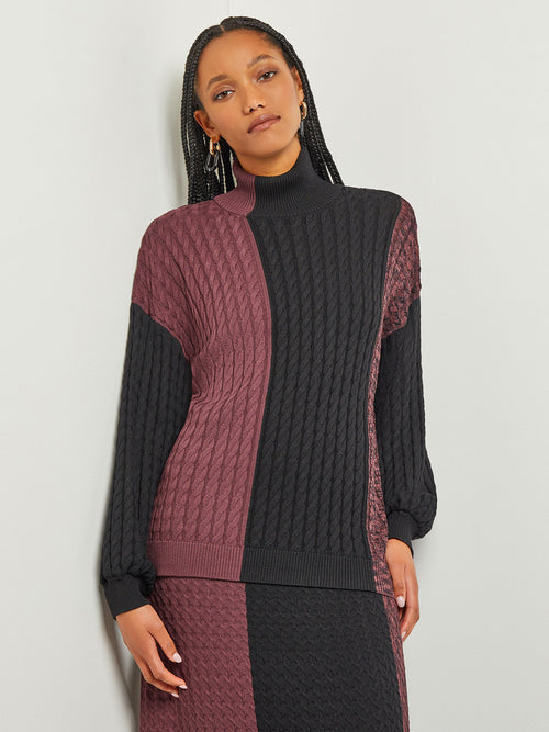 Colorblock Cable Knit Mock Neck Tunic, Mahogany/Black | Misook