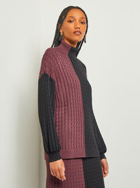Colorblock Cable Knit Mock Neck Tunic, Mahogany/Black | Misook