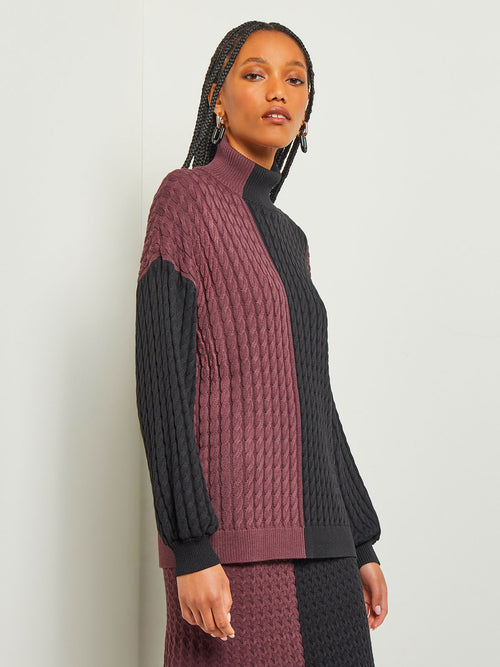 Colorblock Cable Knit Mock Neck Tunic, Mahogany/Black | Misook