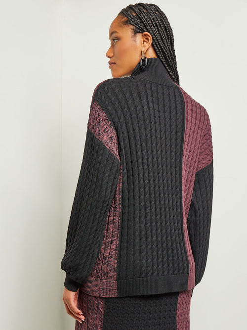 Colorblock Cable Knit Mock Neck Tunic, Mahogany/Black | Misook