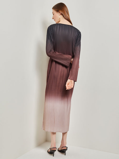 Ombre Pleated Knit Midi Dress, Mahogany/Biscotti/Black | Misook