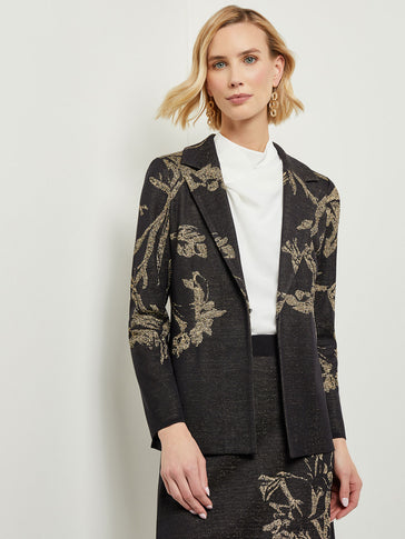 Placed Floral Jacquard Tailored Knit Jacket, Black/Gold | Misook