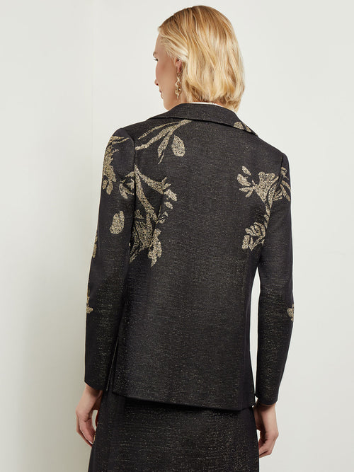 Placed Floral Jacquard Tailored Knit Jacket, Black/Gold | Misook