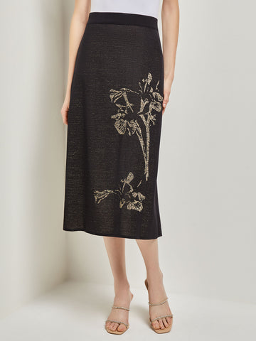 Placed Floral Jacquard Knit Midi Skirt