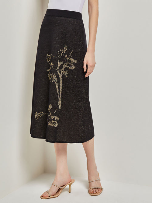 Placed Floral Jacquard Knit Midi Skirt, Black/Gold | Misook Premium Details