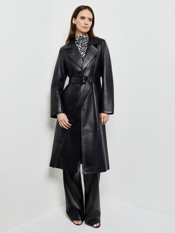 Notched Collar Belted Leather Trench Coat