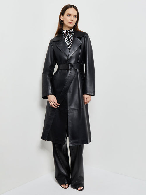 Notched Collar Belted Leather Trench Coat, Black | Misook