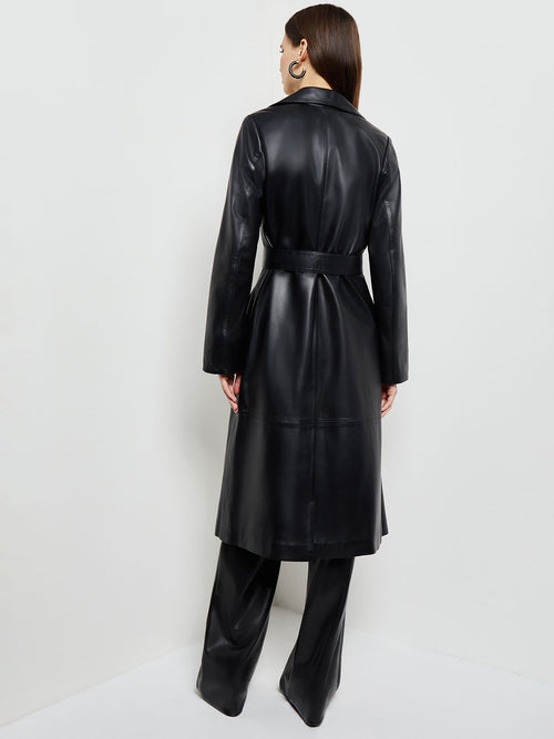 Notched Collar Belted Leather Trench Coat, Black | Misook