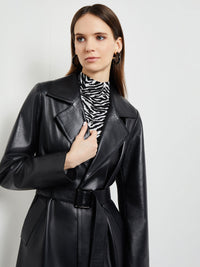 Notched Collar Belted Leather Trench Coat, Black | Misook Premium Details