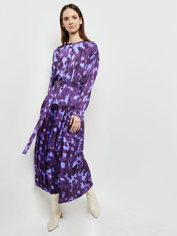 Maxi Drop Waist Dress - Pleated Print Crepe de Chine, Ultraviolet/Viola/Black | Misook