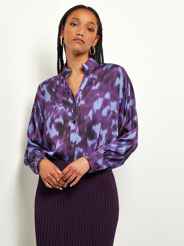 Button Front Blouse - Print Crepe de Chine, Ultraviolet/Viola/Black | Misook