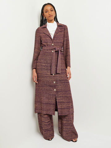 Button Front Duster - Belted Tweed Knit