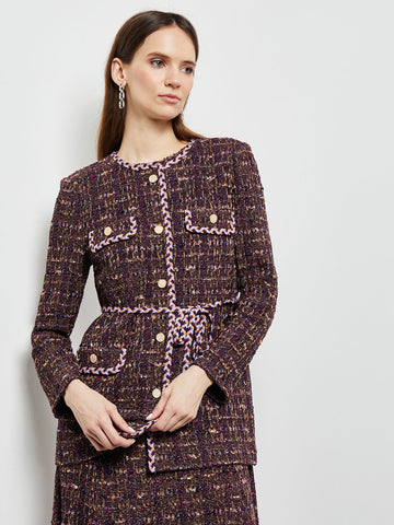 Button Front Jacket - Braid Trim Tweed Knit