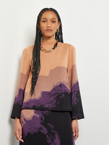 Boat Neck Tunic - Bell Sleeve Recycled Knit, Ultraviolet/Goldenwood/Black | Misook