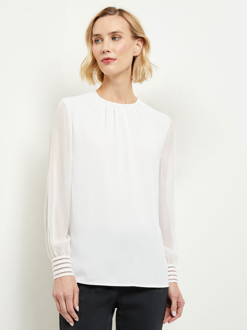 Sheer Chiffon Sleeve Crepe de Chine Blouse, White, White | Misook