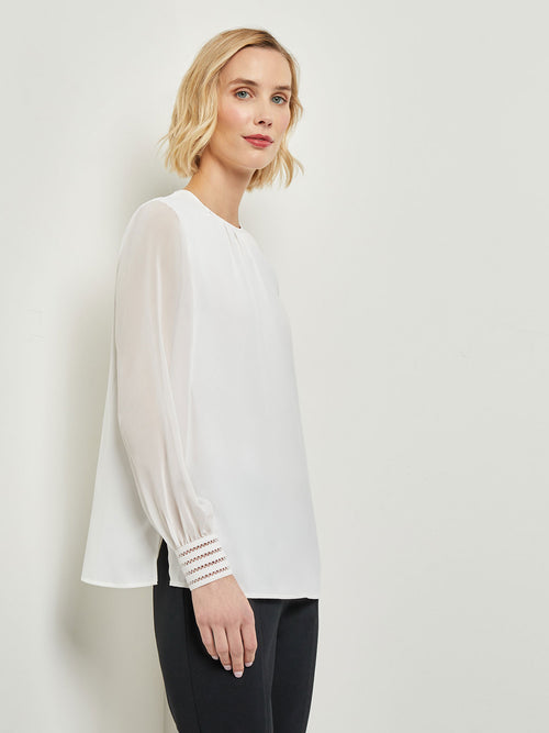 Sheer Chiffon Sleeve Crepe de Chine Blouse, White, White | Misook Premium Details