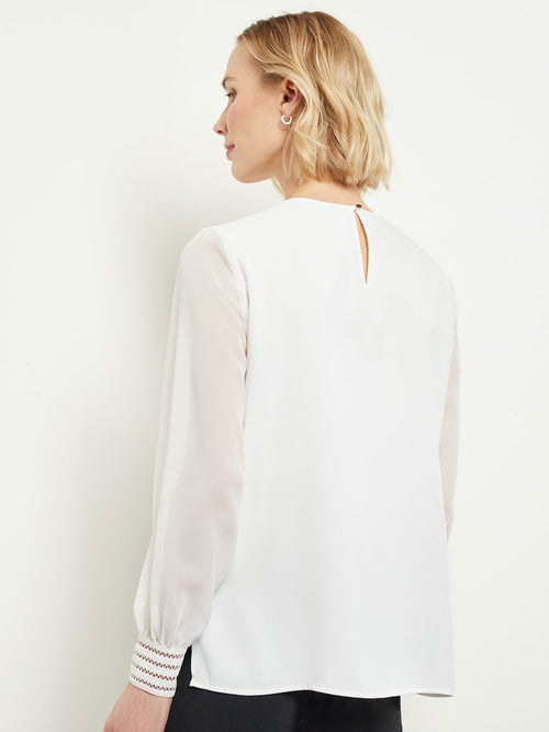 Sheer Chiffon Sleeve Crepe de Chine Blouse, White, White | Misook
