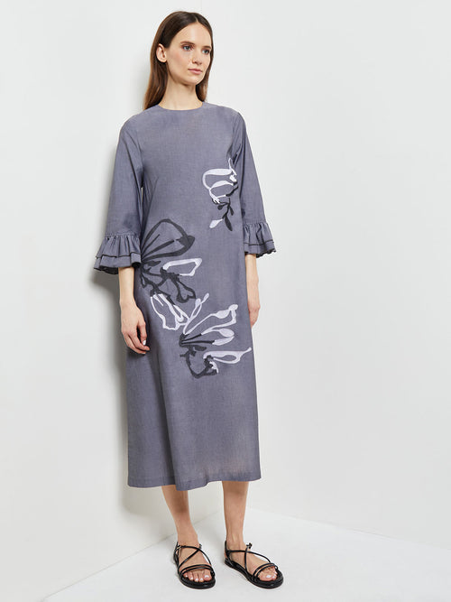 Floral Embroidered Cotton Poplin Midi Dress, Grey, Grey | Misook