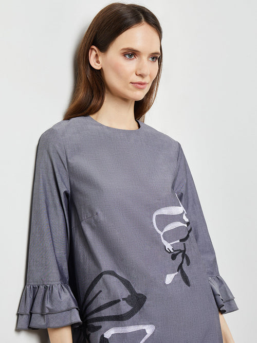 Floral Embroidered Cotton Poplin Midi Dress, Grey, Grey | Misook Premium Details