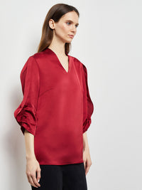 Gathered Tulip Sleeve Crepe de Chine Blouse, Scarlet Red, Scarlet Red | Misook