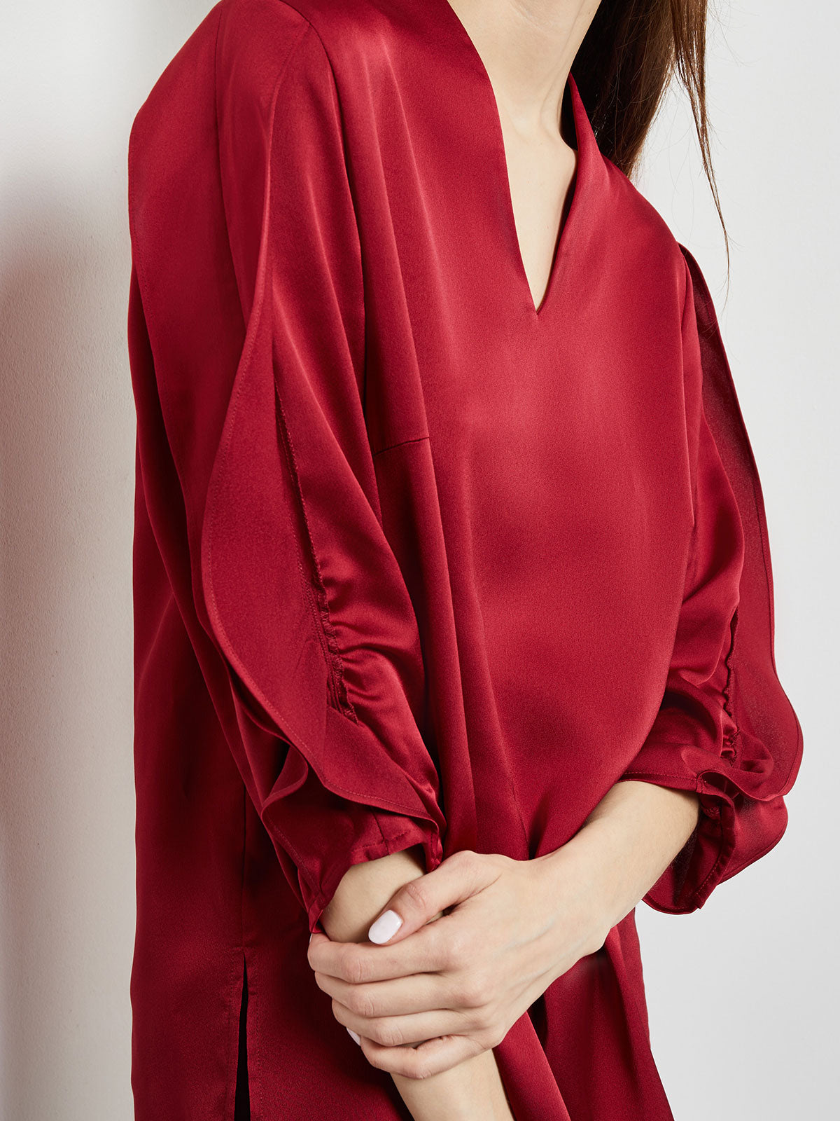 Gathered Tulip Sleeve Crepe de Chine Blouse