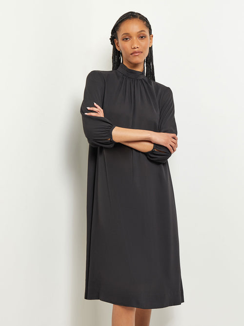 Pleated Mock Neck Crepe de Chine A-Line Dress, Black, Black | Misook