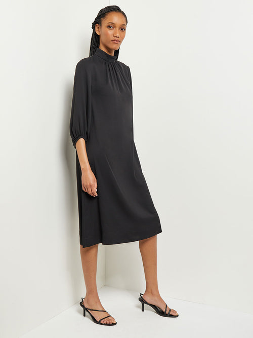 Pleated Mock Neck Crepe de Chine A-Line Dress, Black, Black | Misook