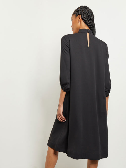 Pleated Mock Neck Crepe de Chine A-Line Dress, Black, Black | Misook