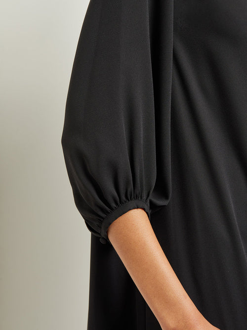 Pleated Mock Neck Crepe de Chine A-Line Dress, Black, Black | Misook Premium Details