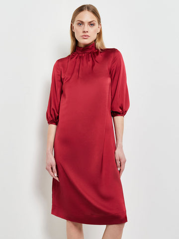 Pleated Mock Neck Crepe de Chine A-Line Dress, Scarlet Red