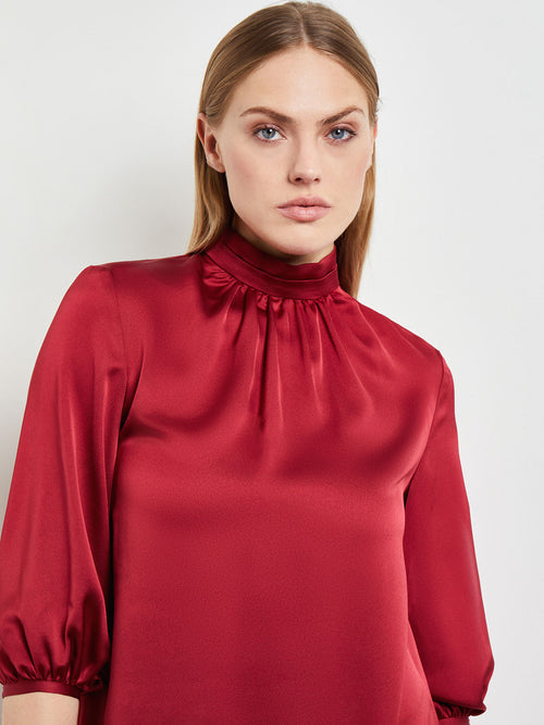 Pleated Mock Neck Crepe de Chine A-Line Dress, Scarlet Red, Scarlet Red | Misook Premium Details