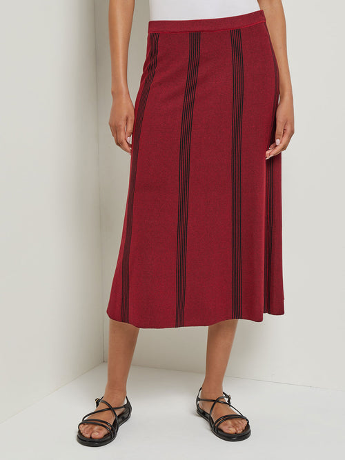 Tonal Stripe Flared Knit Skirt, Scarlet Red, Scarlet Red/Black | Misook