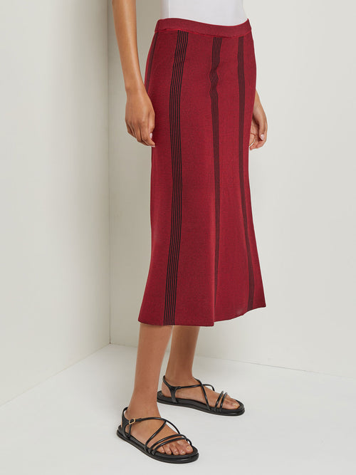 Tonal Stripe Flared Knit Skirt, Scarlet Red, Scarlet Red/Black | Misook Premium Details
