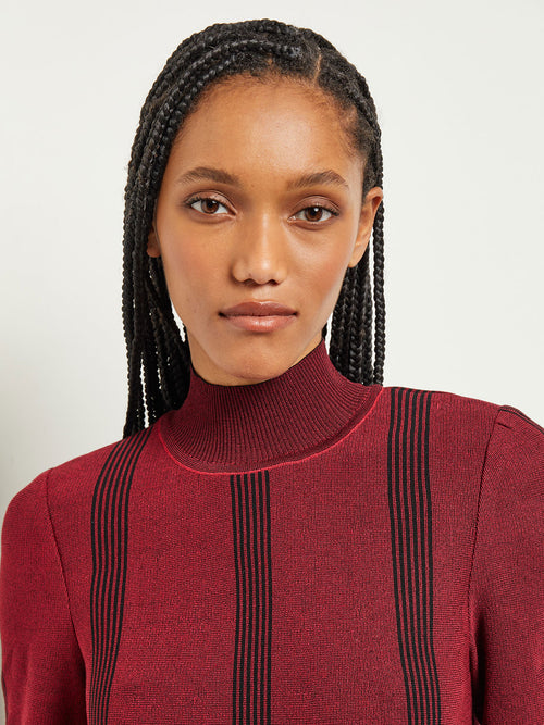Tonal Stripe A-Line Knit Tunic, Scarlet Red, Scarlet Red/Black | Misook Premium Details