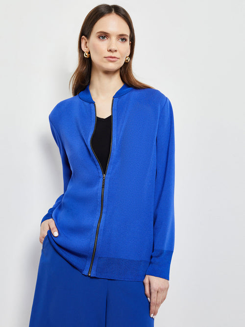 Relaxed Zip Front Knit Bomber Jacket, True Blue, True Blue | Misook