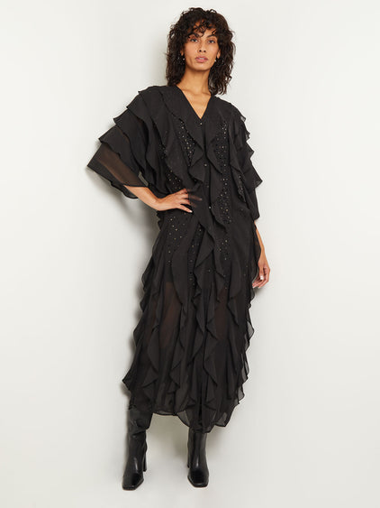 Misook Tiered Ruffle Woven Chiffon Maxi Dress - Black Misook Tiered Ruffle Woven Chiffon Maxi Dress - Black